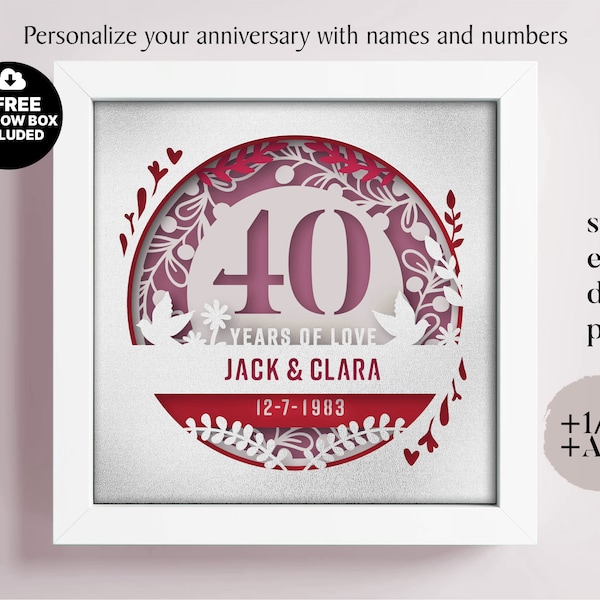 3D Anniversary 40 Years Shadow Box Custom Name and Numbers, Wedding Shadow Box, Anniversary Gifts, Files For Cricut, Template Lightbox Svg