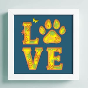 Schattenbox Liebe Hund, Hundepfote Haussvg, 3D Schicht-Svg Box Cricut Dateien Light Box 3d Papierschnitt, Hundepfote Blumenschatten Papierschnitt