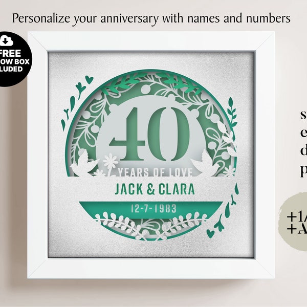 3D anniversaire 40 ans Shadow Box nom et numéros personnalisés, boîte d'ombre de mariage, cadeaux d'anniversaire, fichiers pour Cricut, modèle Lightbox Svg