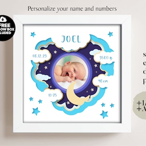 Marco de fotos de bebé 3D con caja de sombras SVG, plantilla personalizada para recién nacido, DXF multicapa, caja de sombras de Cricut, plantilla de Papercut, caja de luz de bienvenida