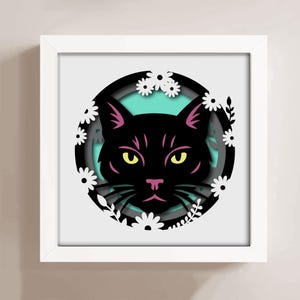 May include: A framed paper art piece featuring a black cat's face with yellow eyes, pink nose and ears, and whiskers. The cat is surrounded by a circle with a teal background and white flowers. The frame is white.