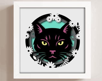 Black Cat Floral Shadow Box SVG: 3D Papercut Design (Digital Download