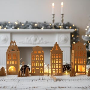 Plantilla SVG de aldea navideña 3D, archivo de corte de casas navideñas de papel para Cricut y Silhouette, manualidad de aldea navideña DIY, decoración de escena invernal