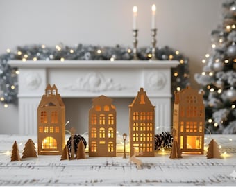 3D Christmas Village SVG Template, Paper Christmas Houses Cut File for Cricut & Silhouette, DIY Holiday Village Craft, Winter Scene Decor