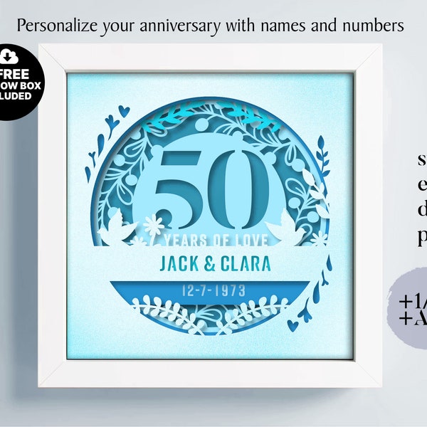 3D Anniversary 50 Years Shadow Box Custom Name and Numbers, Wedding Shadow Box, Anniversary Gifts, Files For Cricut, Template Lightbox Svg