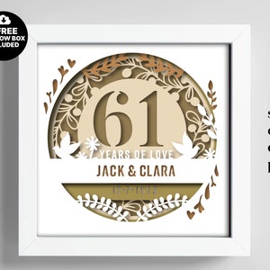 3D Anniversary 61 Years Shadow Box Niestandardowe nazwy i numery, Wedding Shadow Box, Prezenty rocznicowe, Pliki dla Cricut, Szablon Lightbox Svg