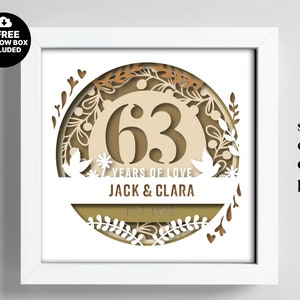 3D Anniversary 63 Years Shadow Box Niestandardowe nazwy i numery, Wedding Shadow Box, Prezenty rocznicowe, Pliki dla Cricut, Szablon Lightbox Svg