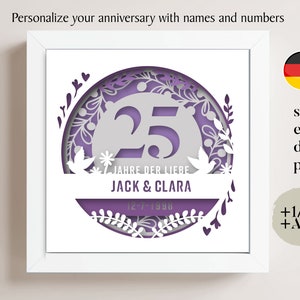 3D Rocznica 25 lat Shadow Box Niestandardowe Imię i Numery Niemiecki, Ślubne Shadow Box, Prezenty Rocznicowe, Plik Cricut, Szablon Lightbox Svg