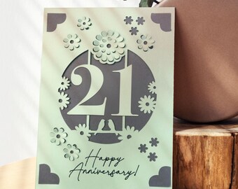 Tarjeta de aniversario Cricut SVG, plantilla para tarjeta de aniversario de boda, tarjeta de felicitación 3D DIY para Cricut con flores, regalo de 21 aniversario