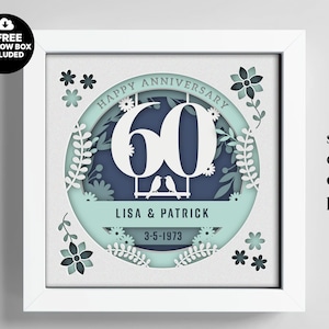 3D Anniversary 60 Years Shadow Box Niestandardowe nazwy i numery, Wedding Shadow Box, Prezenty rocznicowe, Pliki dla Cricut, Szablon Lightbox Svg