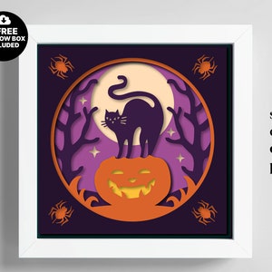 3D Halloween Cat Shadow Box, Pumpkin and Cat Svg, Multilayer SVG Dxf, 3D Cricut File, Papercut Template, Colored 3D Cricut Pdf