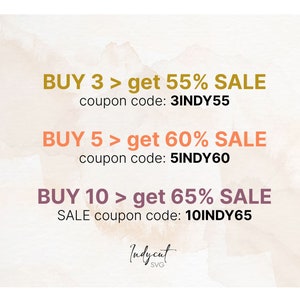 Pu&ograve; includere: Grafica promozionale con testo su sfondo acquerello. Il testo recita "ACQUISTA 3 > ottieni il 55% di SCONTO" con il codice coupon "3INDY55", "ACQUISTA 5 > ottieni il 60% di SCONTO" con il codice coupon "5INDY60" e "ACQUISTA 10 > ottieni il 65% di SCONTO" con il codice coupon "10INDY65". Il logo "Indycut SVG" &egrave; in basso.