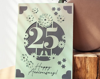 Tarjeta SVG para el 25.º aniversario: plantilla para tarjeta con inserto floral para Cricut y Silhouette; diseño en capas para corte de papel; descarga digital para proyectos DIY.