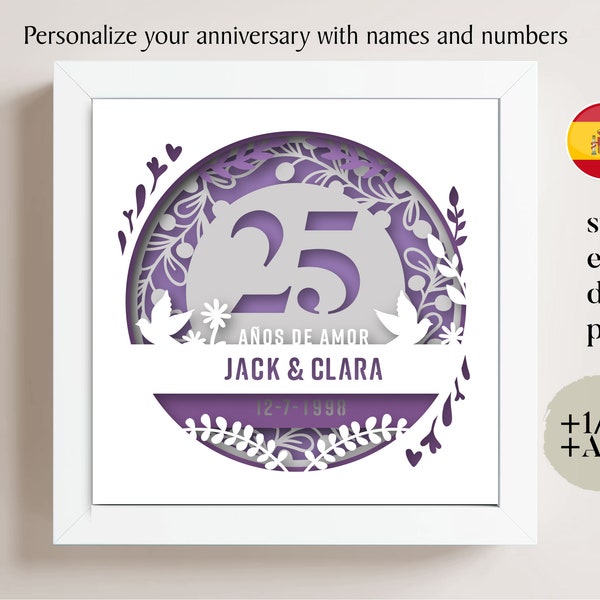 3D Anniversary 25 Years Shadow Box Custom Name and Numbers Spanish, Wedding Shadow Box, Anniversary Gifts, Cricut File Template Lightbox Svg 3D Anniversary 25 Years Shadow Box Custom Name and Numbers Spanish, Wedding Shadow Box, Anniversary Gifts, Cricut File Template Lightbox Svg