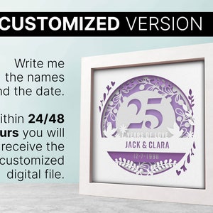 3D-verjaardag 25 jaar schaduwdoos aangepaste naam en datum, schaduwdoos bruiloft, verjaardagscadeaus, bestanden voor Cricut, sjabloon lightbox-SVG
