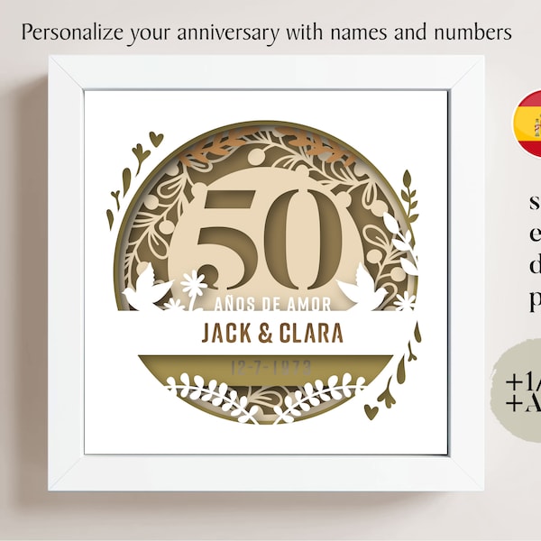 3D Anniversary 50 Years Shadow Box Custom Name and Numbers Spanish, Wedding Shadow Box, Anniversary Gifts, Cricut File Template Lightbox Svg 3D Anniversary 50 Years Shadow Box Custom Name and Numbers Spanish, Wedding Shadow Box, Anniversary Gifts, Cricut File Template Lightbox Svg