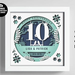 Shadow Box 3D Rocznica 10 lat Niestandardowe nazwy i numery, Ślubne pudełko cieni, Prezenty rocznicowe, Pliki dla Cricut, Szablon Lightbox Svg