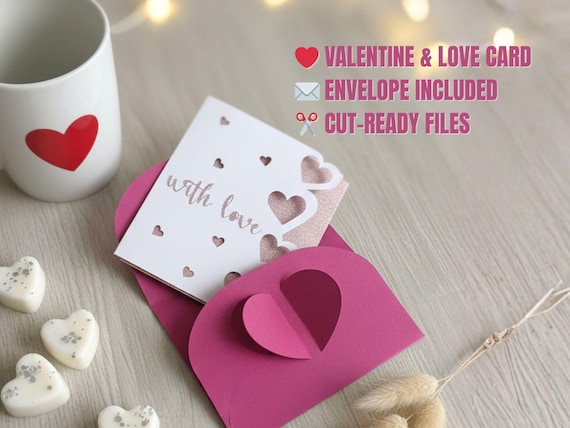 Valentine Love Card SVG Template – Romantic Folded Card with Envelope, No Glue, With Love Tag – Cricut & Silhouette Cut Files