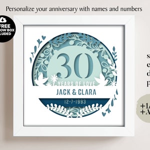 Caja de sombras 3D para aniversario de 30 años con nombre y números personalizados, caja de sombras para bodas, regalos de aniversario, archivos para Cricut, plantilla Lightbox Svg