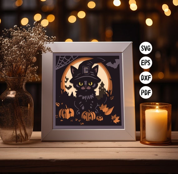 Cute Cat Halloween Shadow Box, Halloween Light Box, 3D Black Cat SVG, PaperCut Lightbox, Pumpkin Diy, 3D Shadow Box SVG, Cardstock SVG
