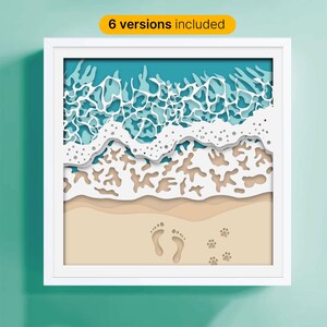 Empreintes de pas 3D de vagues de l'océan plage Shadowbox, Shadow Box SVG, découpe de papier, modèle Lightbox Svg, nom personnalisé vague, projet Cricut