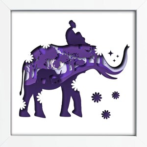 Caixa de sombra de elefante indiano Svg, modelo de caixa de sombra de mundo 3D, elefante multicamadas e pessoa nele Dxf, caixa de sombra Cricut, presente de animal