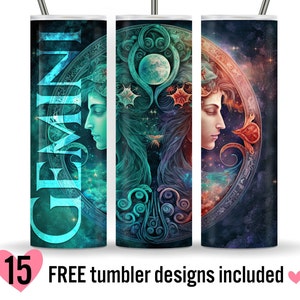 Puede incluir: Tres vasos de acero inoxidable con diseños celestiales. Uno presenta la palabra "GEMINI" en verde azulado, otro representa a una mujer con cabello suelto, y el tercero muestra a una mujer en un marco decorativo. También se ve el texto "15 FREE tumbler designs included".