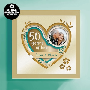 Scatola portaoggetti 3D per anniversario 50 anni Nome e numeri personalizzati, scatola portaoggetti per matrimonio, regali per anniversario, file per Cricut, modello Lightbox Svg