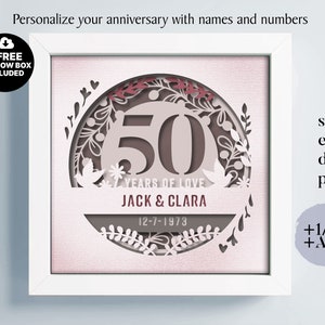 3D Anniversary 50 Years Shadow Box Niestandardowe nazwy i numery, Wedding Shadow Box, Prezenty rocznicowe, Pliki dla Cricut, Szablon Lightbox Svg