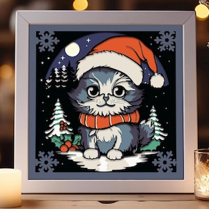 Shadow Box cat Christmas SVG, 3d Layered SVG Papercut lightbox, Meow SVG kaway