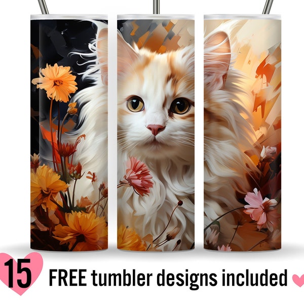 Cute Baby Cat with Flowers 20oz Tumbler Wrap Sublimation Design, Baby Cat And Flowers Digital Download, Straight & Tapered Tumbler Wrap PNG