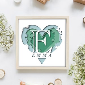Lettre nom Shadow Box Svg, nom personnalisé coeur 3D, monogramme Alphabet SVG, Dxf multicouche, cadeau ShadowBox, modèle Papercut, cadeau Lightbox