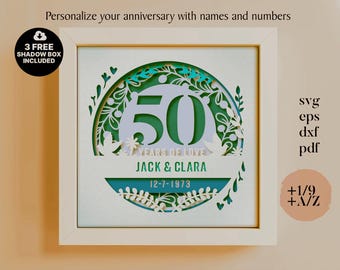50th Anniversary Shadow Box SVG – Personalized Wedding Gift Cricut File, 3D Paper Cut Light Box Template
