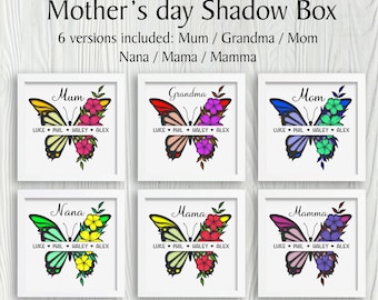 Caja de sombras con mariposas y nombre personalizado para el Día de la Madre (SVG) (Descarga digital)