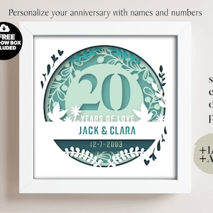 Caixa de Sombra 3D para Aniversário de 20 Anos, Nome e Números Personalizados, Caixa de Sombra para Casamento, Presentes de Aniversário, Arquivos para Cricut, Modelo Lightbox Svg