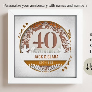 3D Anniversary 40 Years Shadow Box Niestandardowe nazwy i numery, Wedding Shadow Box, Prezenty rocznicowe, Pliki dla Cricut, Szablon Lightbox Svg