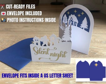 Christmas Pop Up Card SVG Template – 3D Holiday Card with Envelope, Silent Night Text – Cricut and Silhouette Cut Files, Digital Download