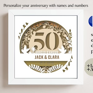 3D Rocznica 50 lat Shadow Box Niestandardowe Imię i Numery Francuskie, Ślubne Shadow Box, Prezenty Rocznicowe, Plik Cricut, Szablon Lightbox Svg