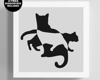 Shadowbox cat black and white, Cat Light Box, PaperCut multilayer, Shadow Box Template, 3D Shadow Box, optical art cat, Paper Art Pet