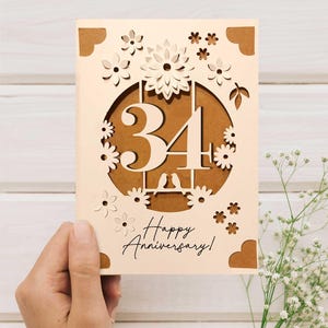 Cricut Anniversary Card SVG, Szablon karty z okazji rocznicy ślubu, 3D DIY Kartka z życzeniami dla Cricut z kwiatami, Prezent na 34. rocznicę