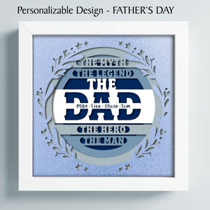 3D-DAD Schattenbox mit benutzerdefinierten Namen, Vatertags-Schattenbox, Papa Der Held Layered Papierkunst, Cricut und Silhouette svg Pdf Eps Dxf