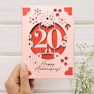 Tarjeta de aniversario de Cricut SVG, plantilla de tarjeta de inserción de aniversario de bodas, tarjeta de felicitación 3D DIY para Cricut con flores, regalo de 20 aniversario