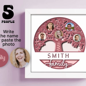 Shadow Box 3D Family Tree SVG,  Personalized Shadow Box for Silhouette and Cricut, Wedding & Family Name SVG - Gift for Family of 5