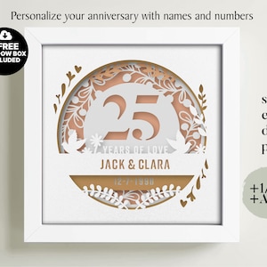 3D Anniversary 25 Years Shadow Box Niestandardowe nazwy i numery, Wedding Shadow Box, Prezenty rocznicowe, Pliki dla Cricut, Szablon Lightbox Svg