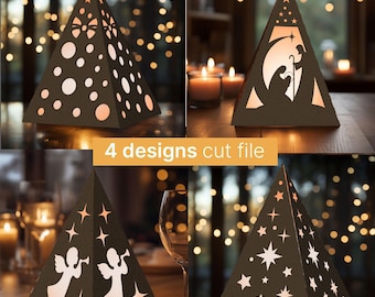 Può includere: Quattro lanterne di carta a forma di piramide marrone scuro con disegni ritagliati. Uno ha cerchi, un altro una scena della natività, un terzo angeli e l'ultimo stelle. Il testo "4 designs cut file" è visibile.