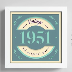 Regalo de 1951, caja de sombras de cumpleaños 3D con el año de nacimiento, caja de sombras con todas las piezas originales, regalo de aniversario, archivo Cricut, plantilla Lightbox Svg