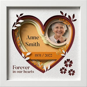 May include: A white framed layered paper art piece featuring a heart shape with cutouts. It displays a photograph of an older person, the name Anne Smith, the years 1931 / 2022, and the text Forever in our hearts in dark brown lettering.