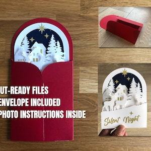 May include: A red Christmas card with a winter scene, including a house, trees, and deer, inside a red envelope. The card has the text "Silent Night" and the envelope includes cut-ready files and photo instructions.