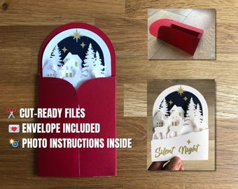 Christmas Pop Up Card SVG Template – 3D Holiday Card with Envelope, Silent Night Text – Cricut and Silhouette Cut Files, Digital Download