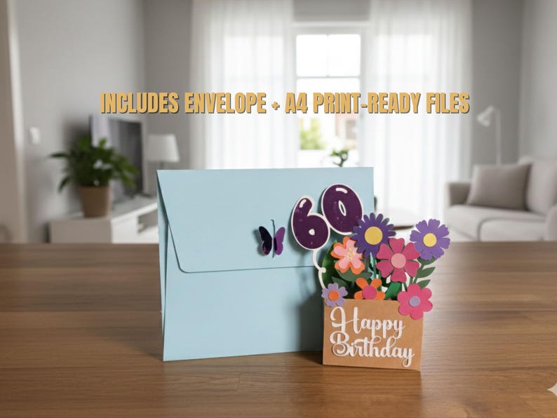 May include: A light blue birthday card with a butterfly and the number 60. The card features a pop-up bouquet of colorful paper flowers and a small sign that says "Happy Birthday". The text "INCLUDES ENVELOPE + A4 PRINT-READY FILES" is also visible.